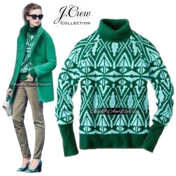 J.Crew Collection pine/aqua multiply 100% cashmere fairisle turtleneck sweater - Picture 7 of 15